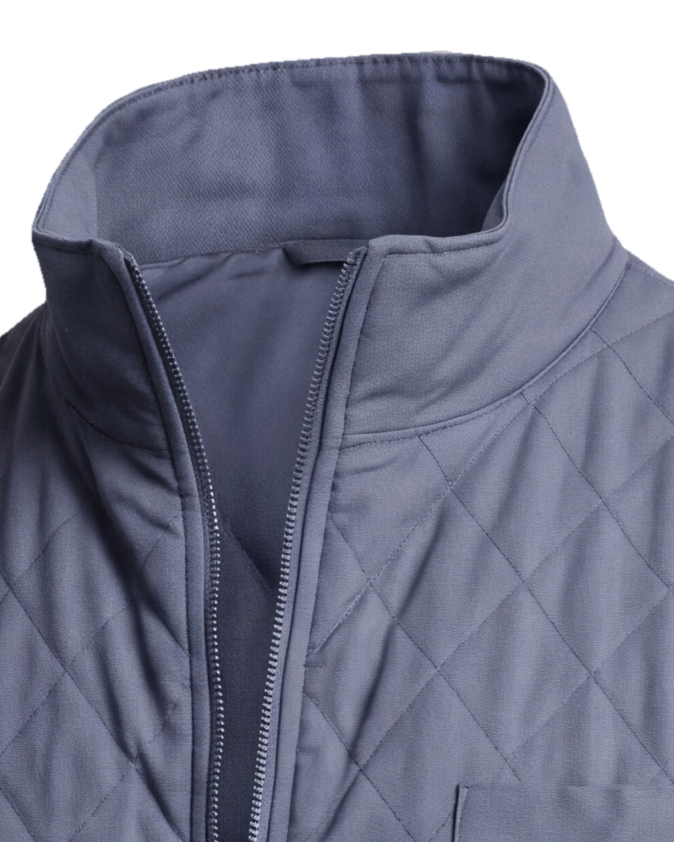 Blågrå quiltet gilet, detalje af kraven