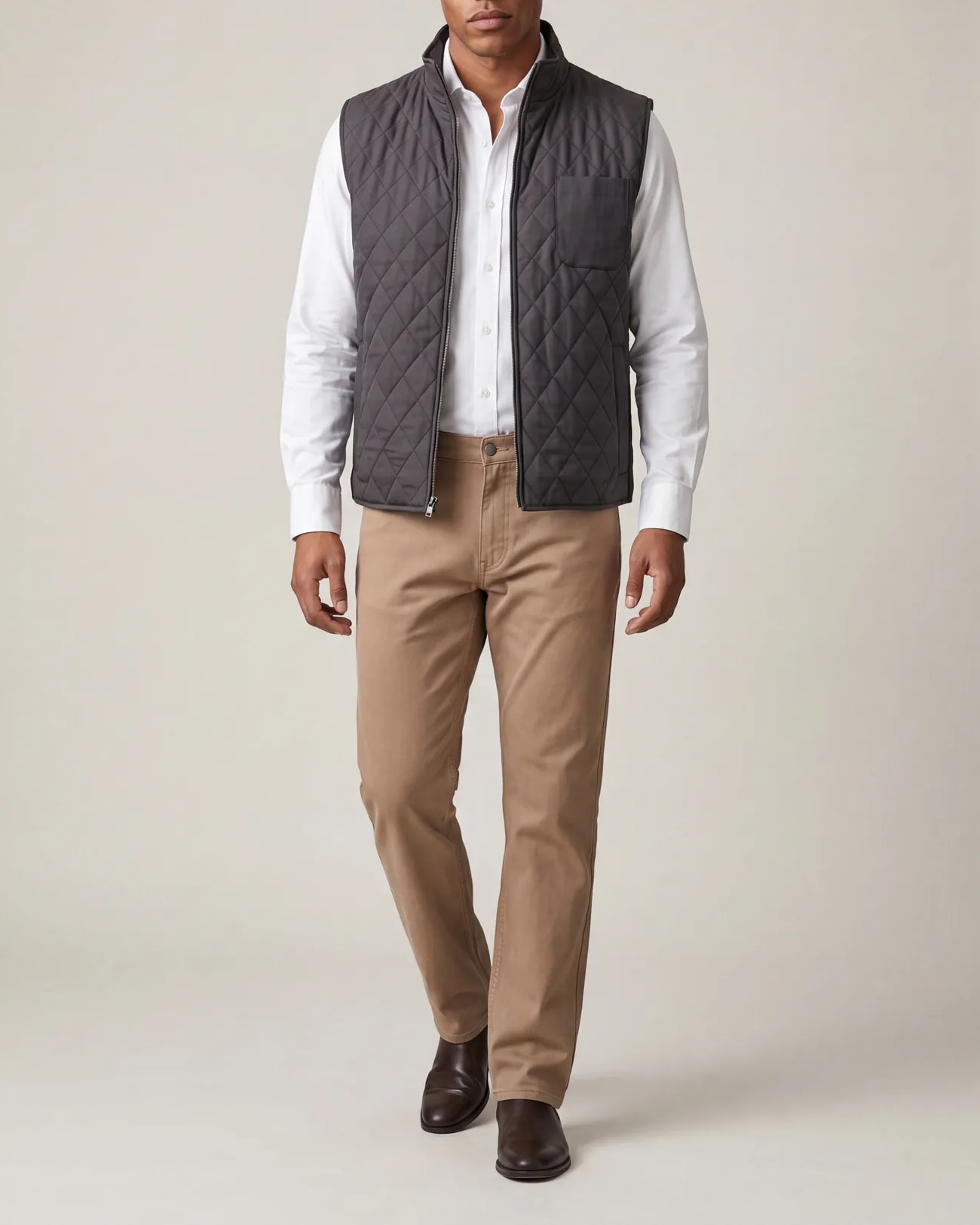 Dark Grey-Brown Quilted Gilet, on model
