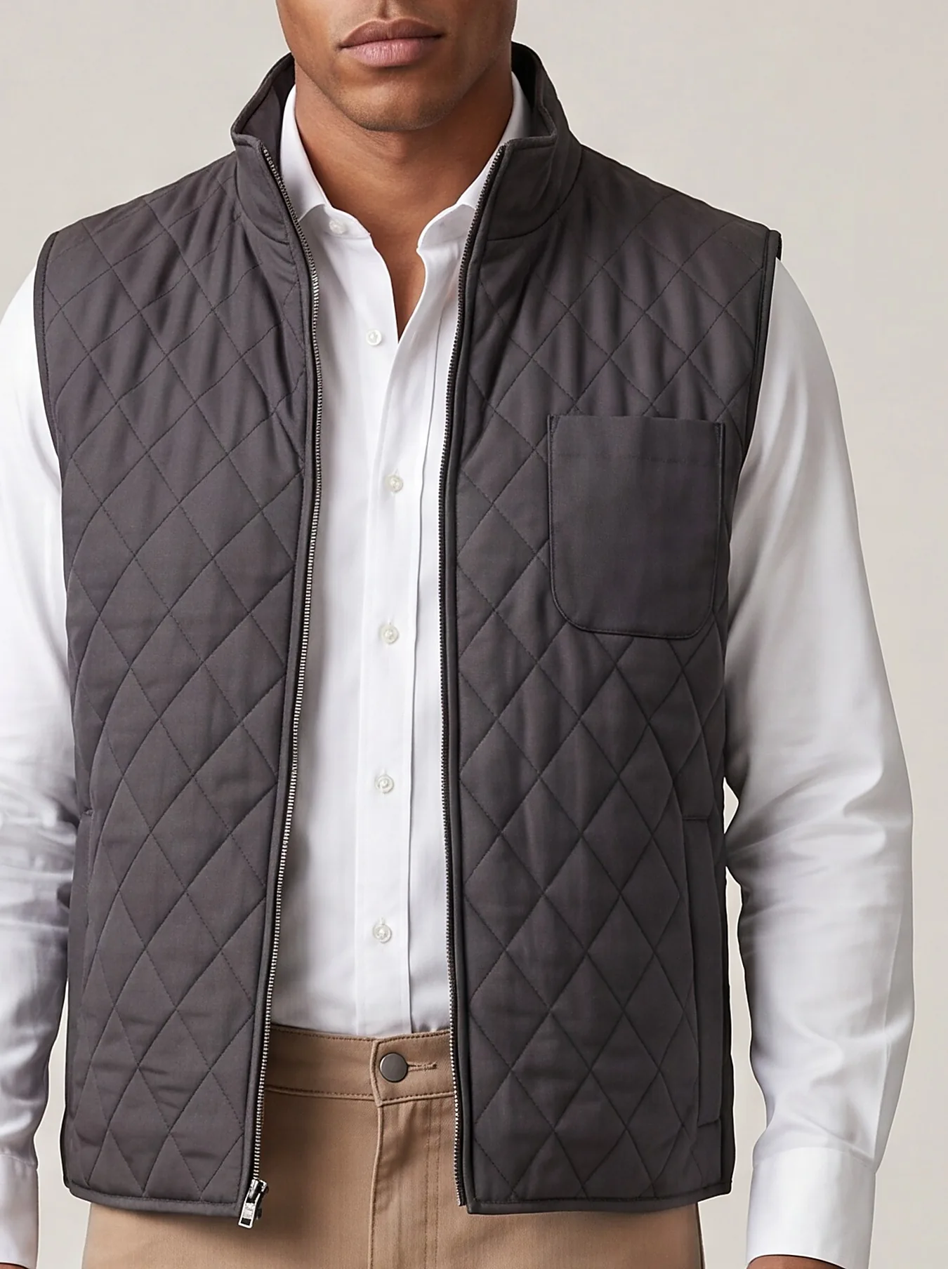 Dark Grey-Brown Quilted Gilet, collar detail