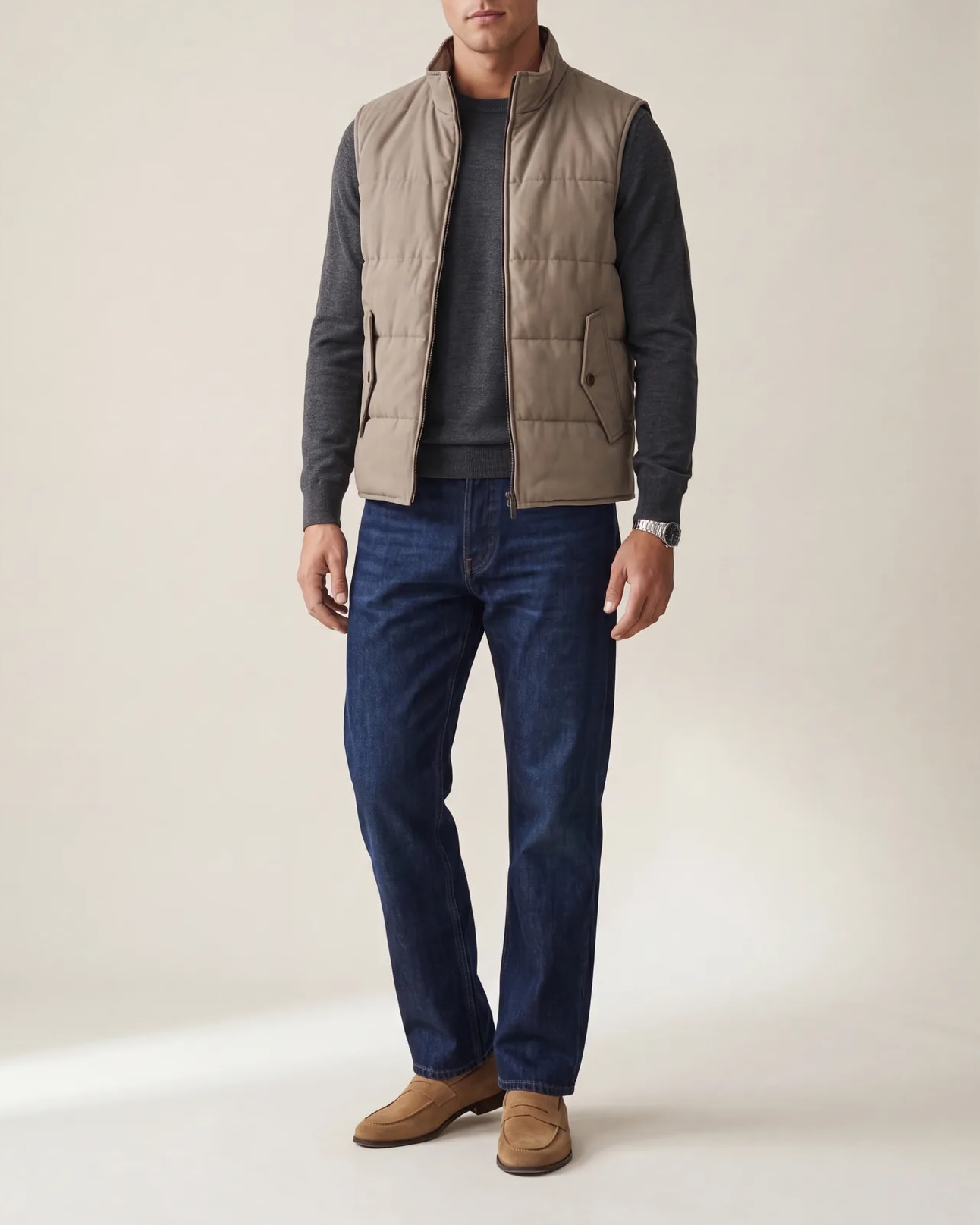 Stone-Coloured Panelled Gilet, on model