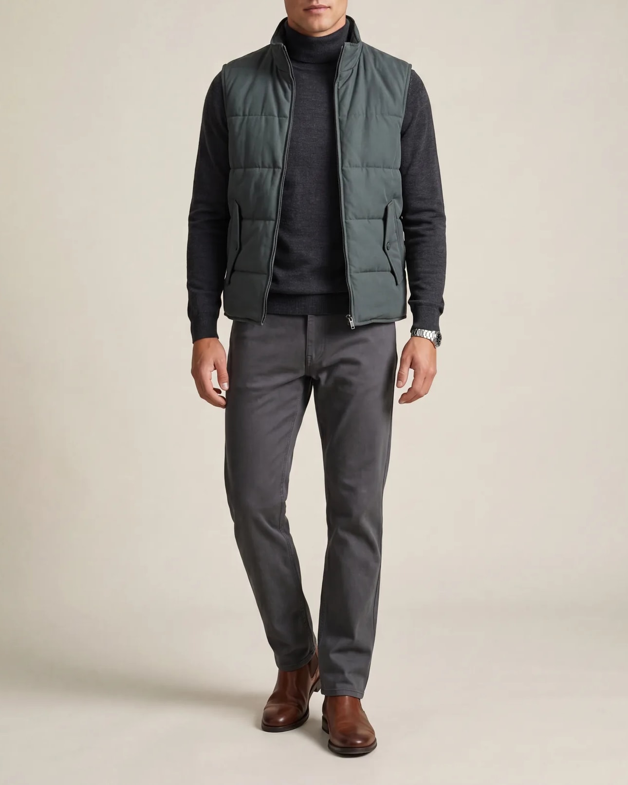 Forest Green Panelled Gilet, on model