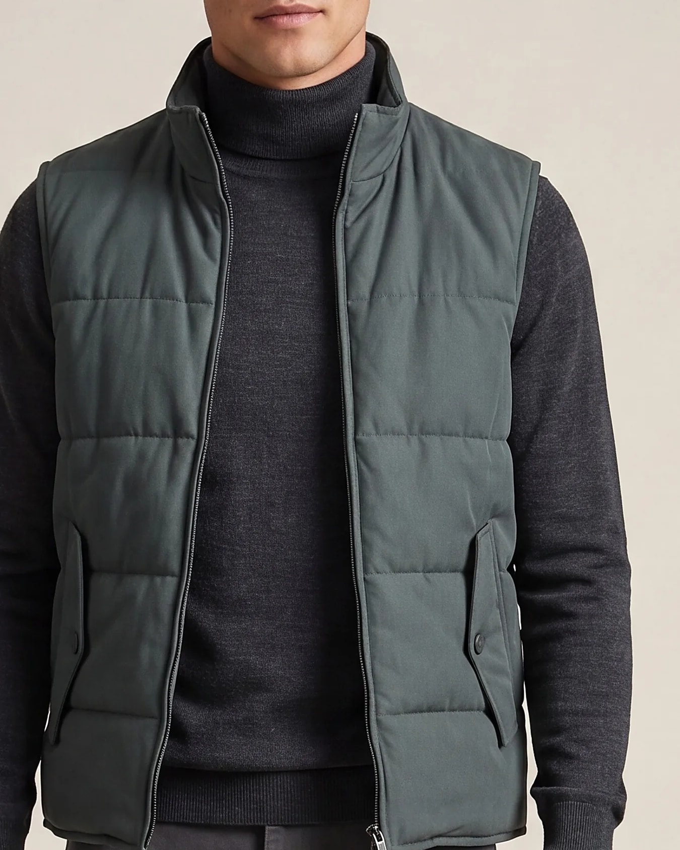 Forest Green Panelled Gilet, collar detail