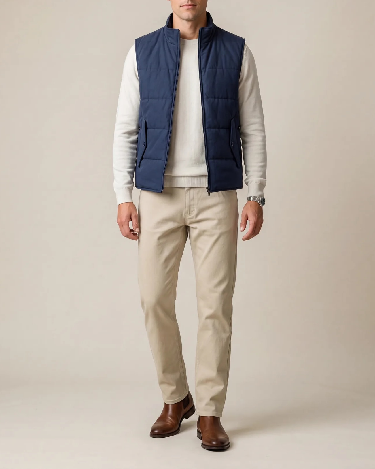Navy Blue Panelled Gilet, on model