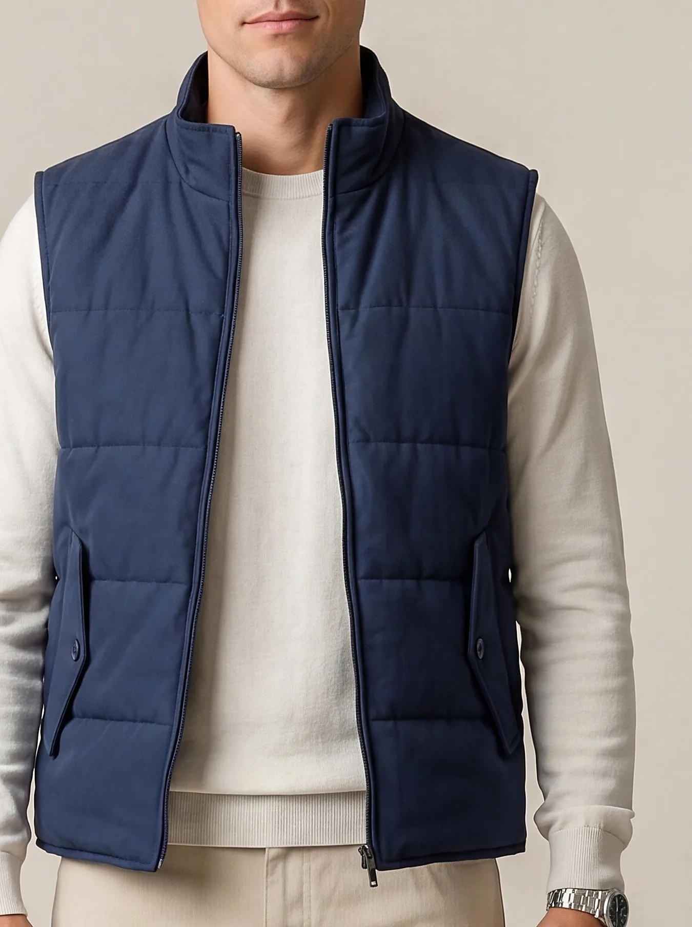 Navy Blue Panelled Gilet, collar detail