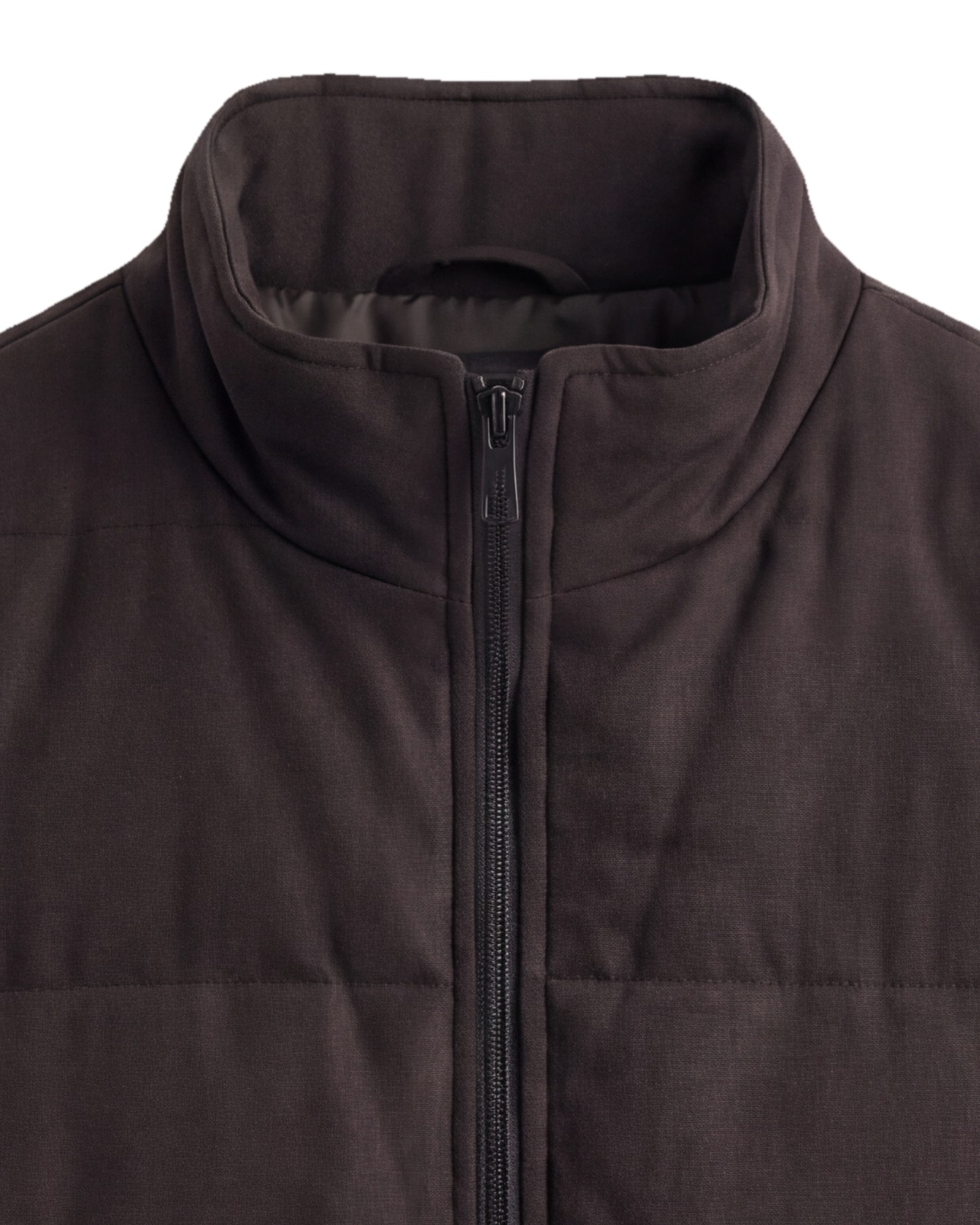 Sortbrun panelled gilet, detalje af kraven