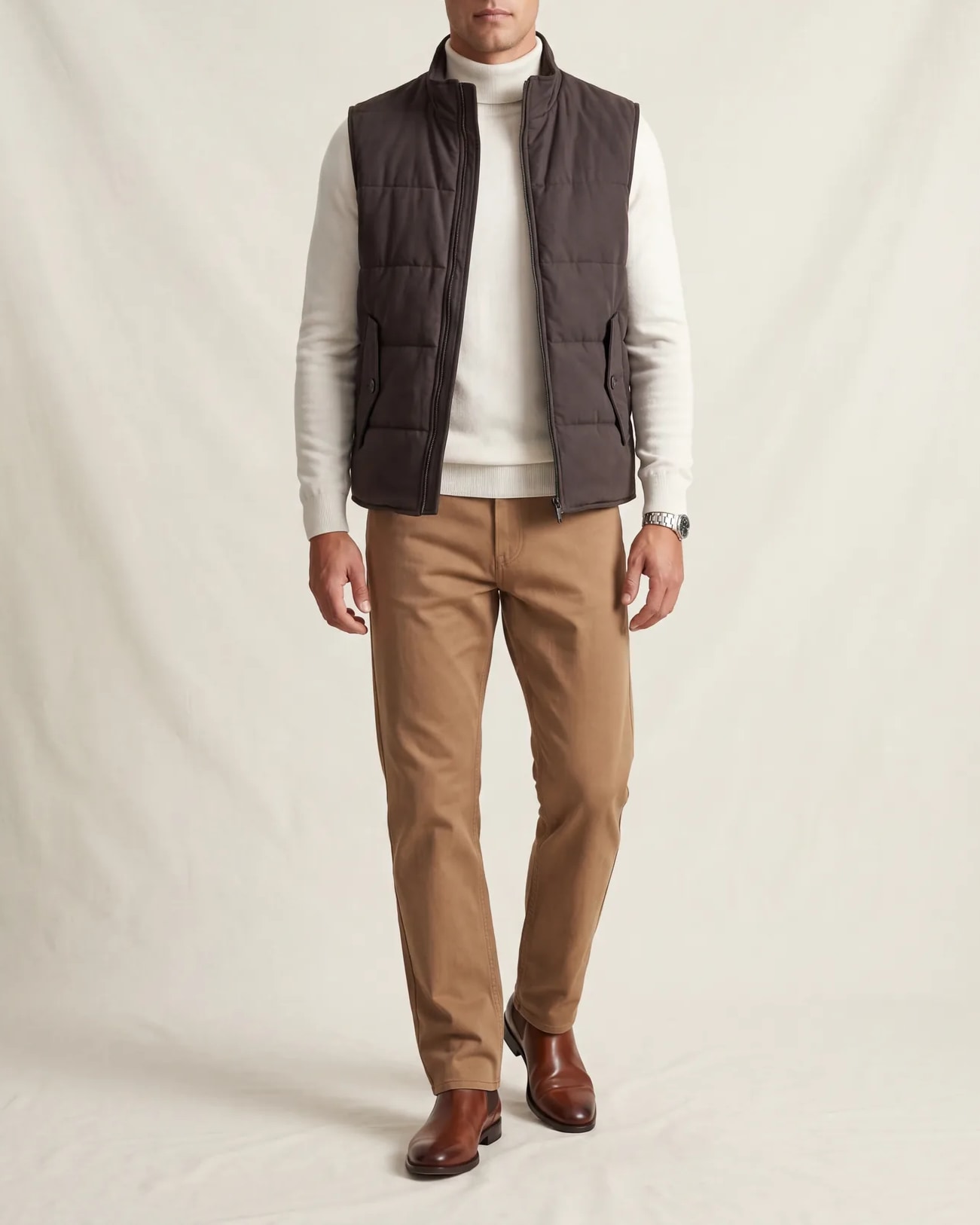 Dark Taupe Panelled Gilet, on model