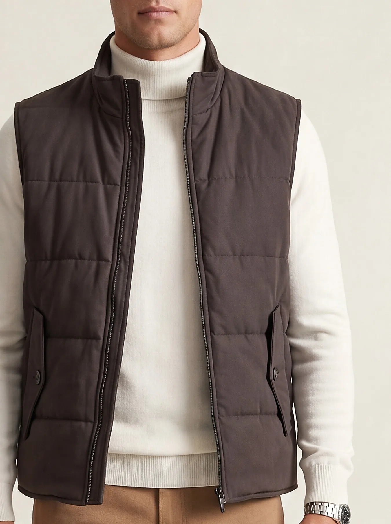 Dark Taupe Panelled Gilet, collar detail