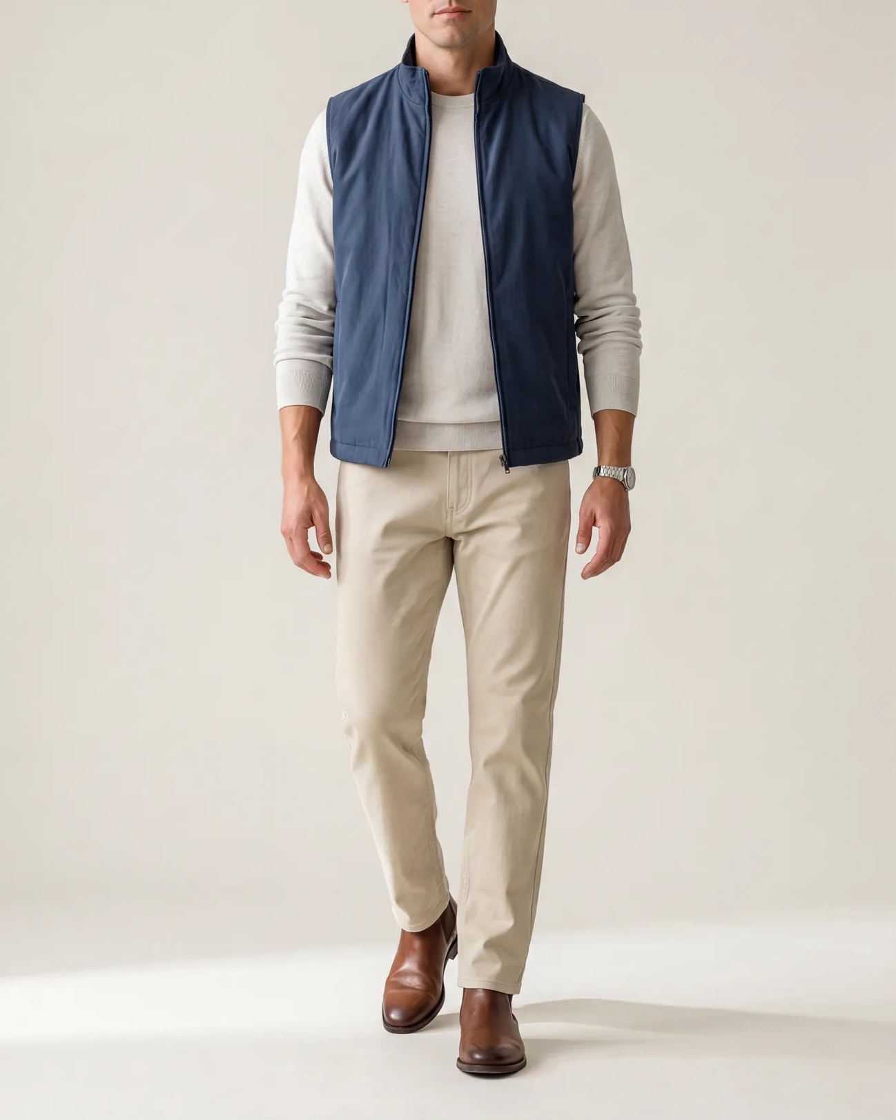 Navy Seasonal Gilet, on model