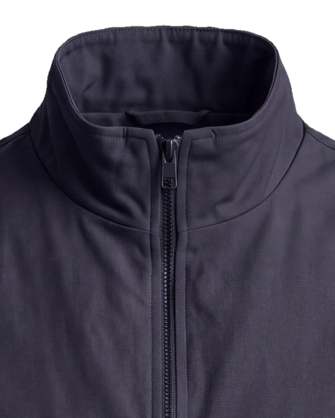 Mørk marineblå sæsongilet, detalje af kraven