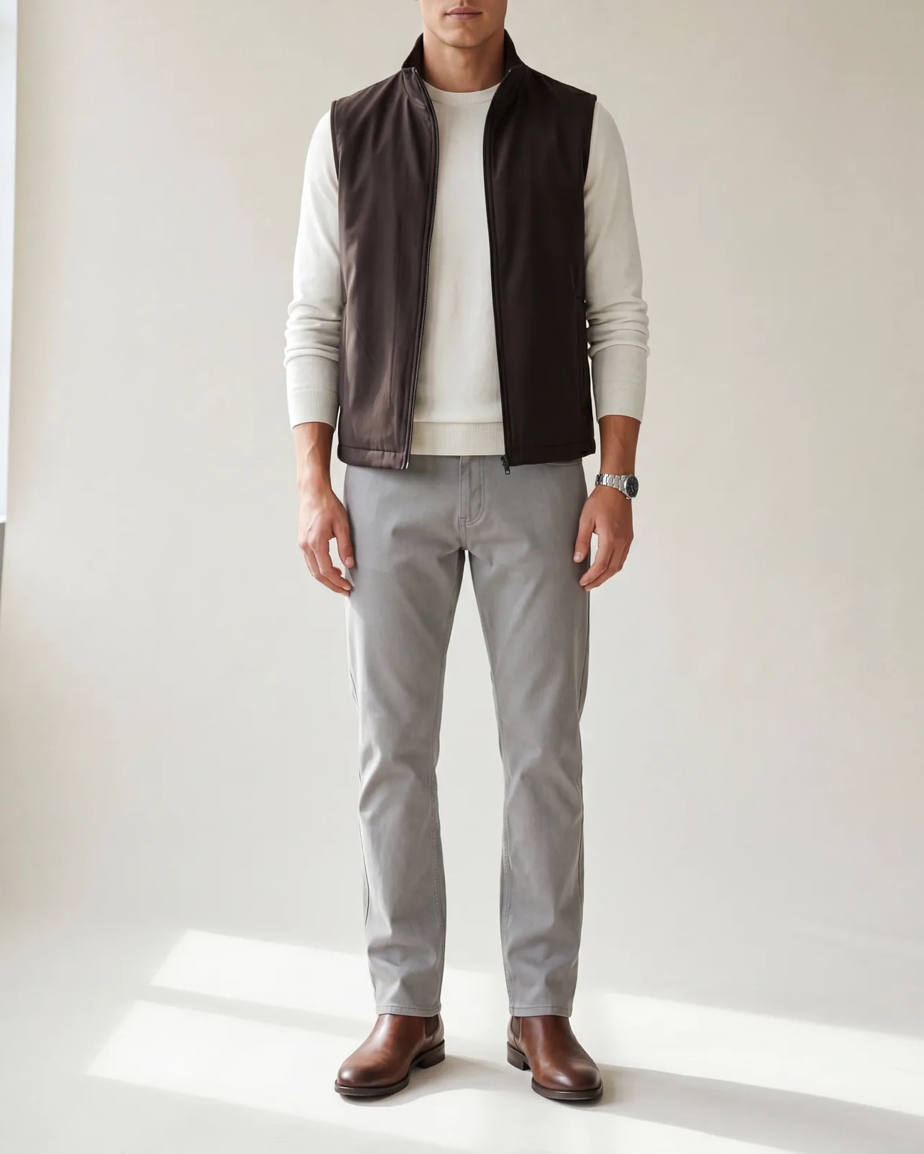 Black-Brown Seasonal Gilet, on model