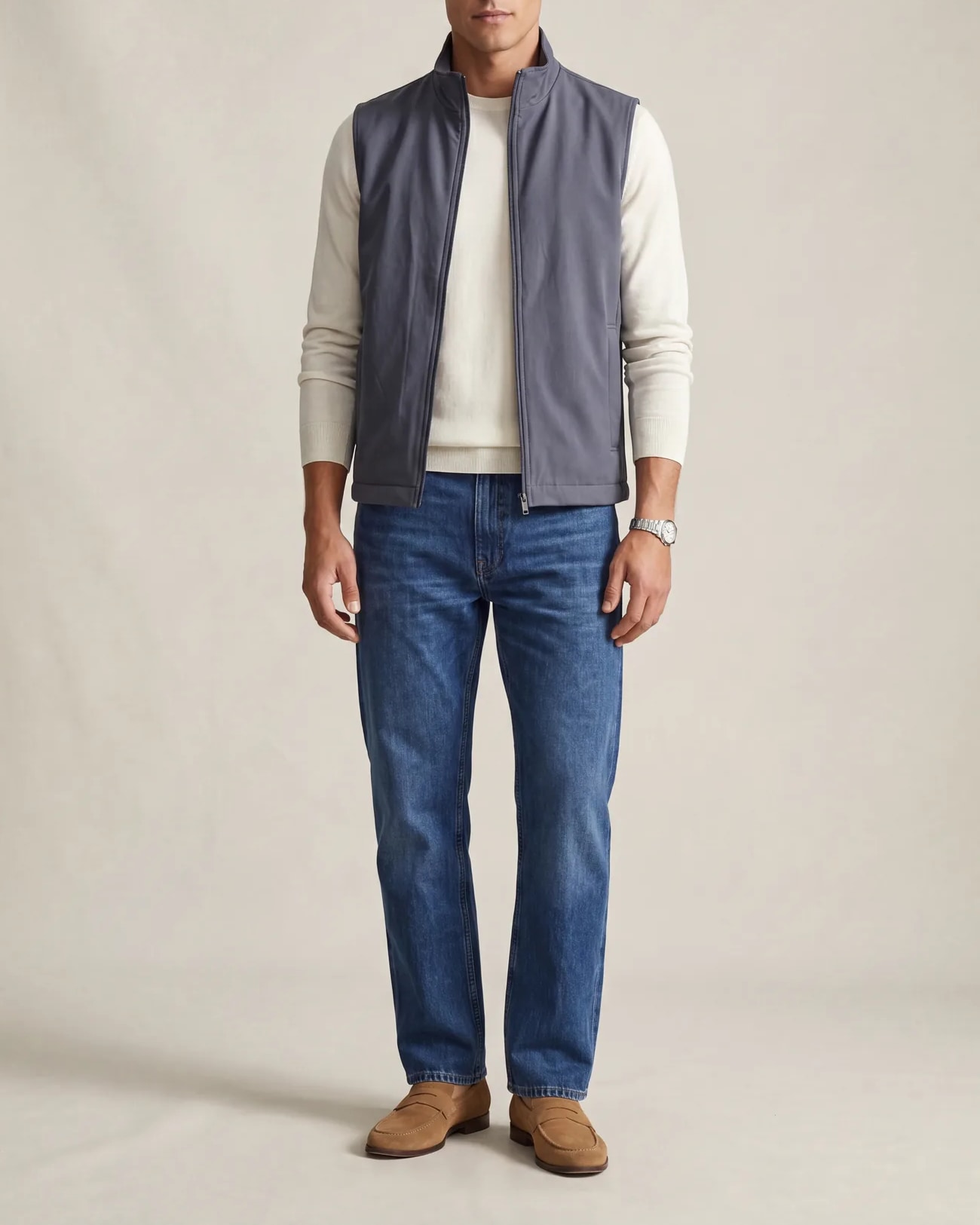 Steel Grey Seasonal Gilet, on model