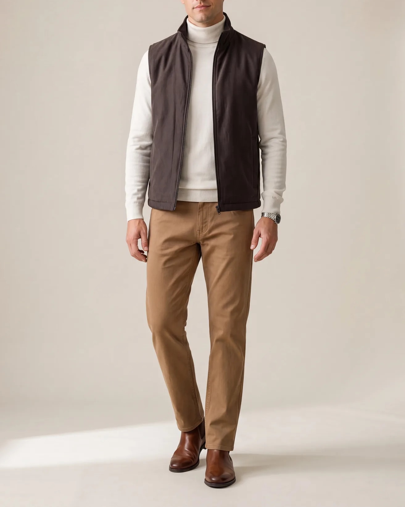 Dark Taupe Seasonal Gilet, on model