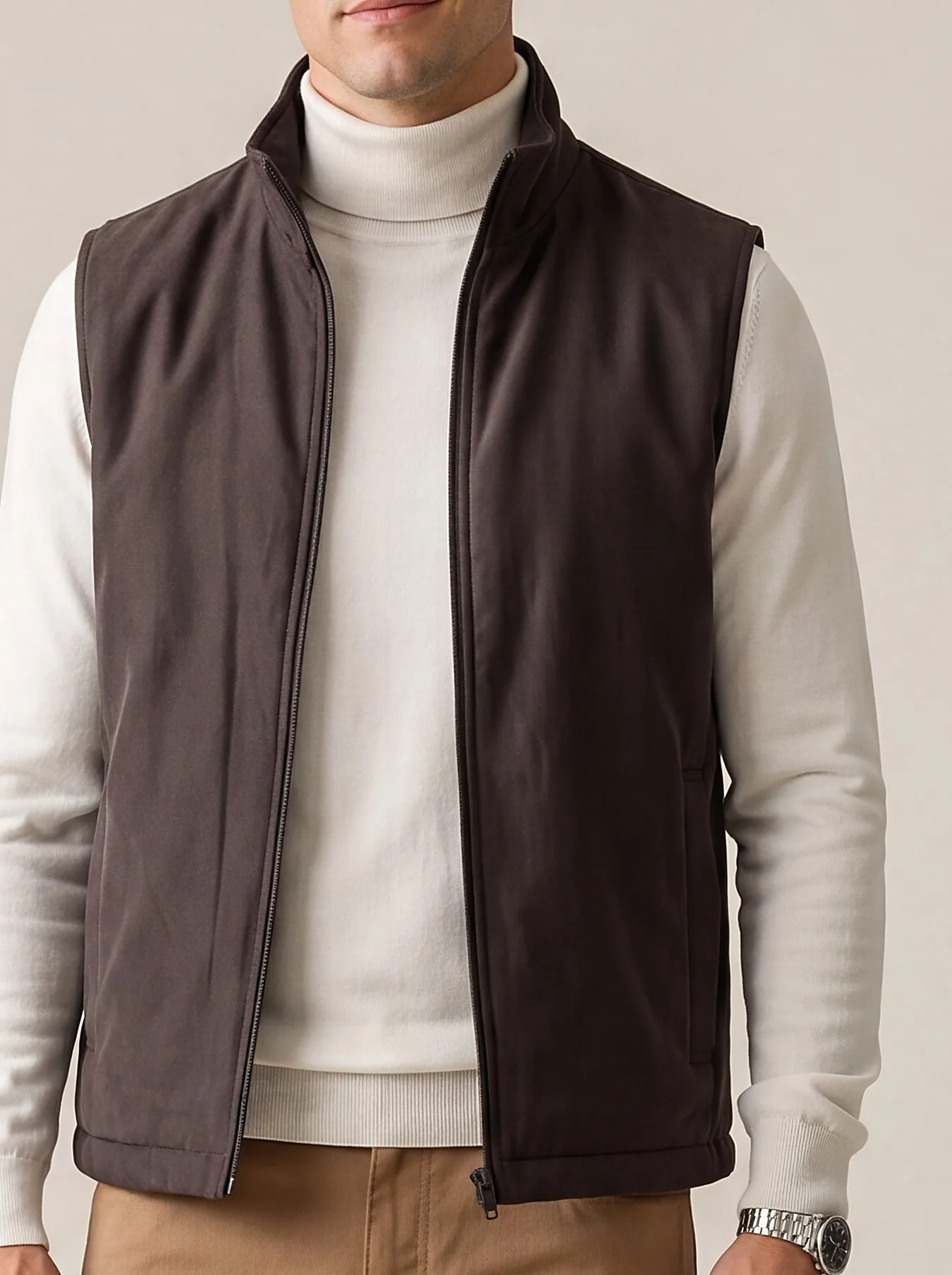 Dark Taupe Seasonal Gilet, collar detail