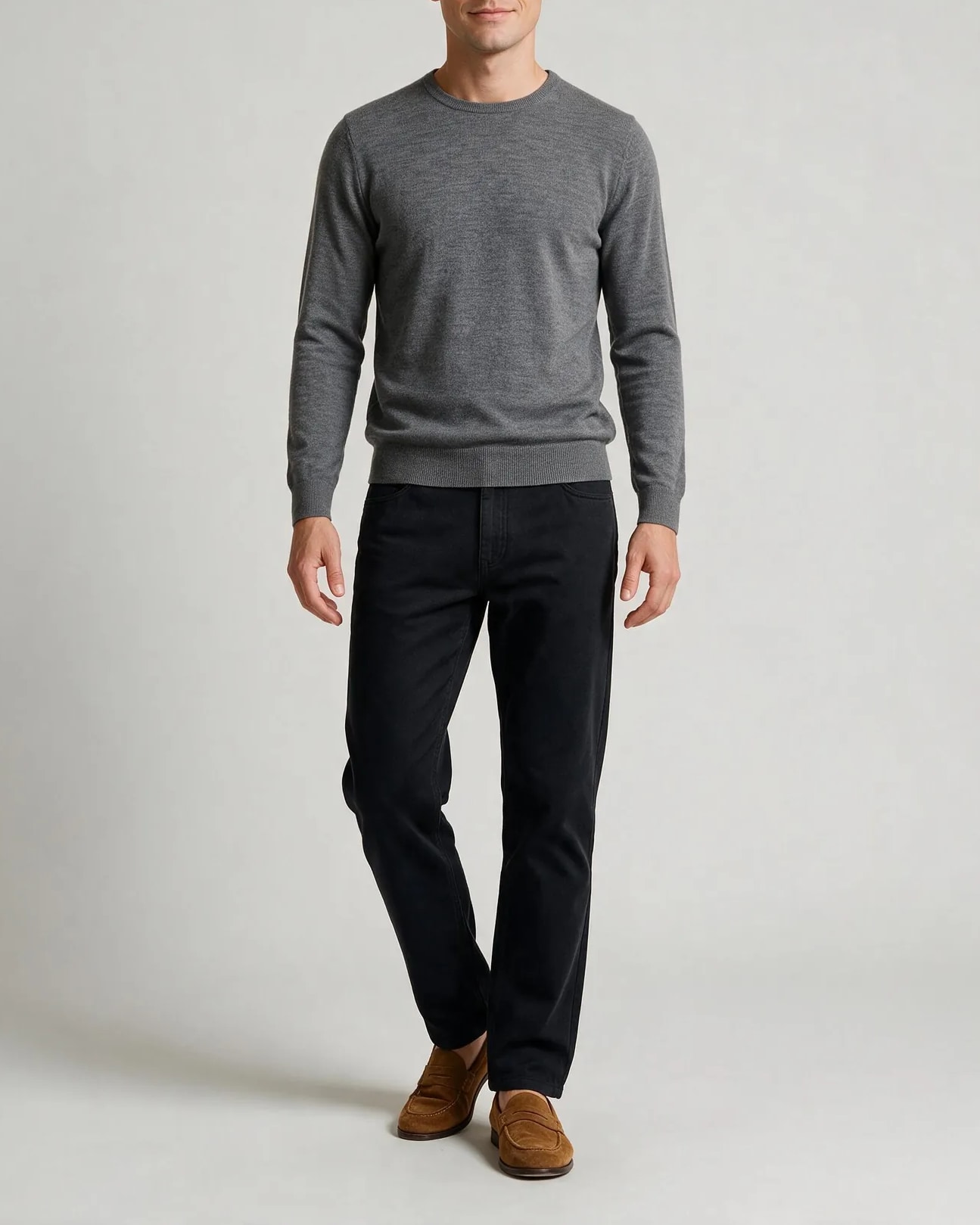 Grey Merino Wool Crew-Neck, on model