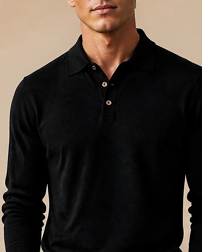 Black Long Sleeve Merino Wool Polo, neckline detail