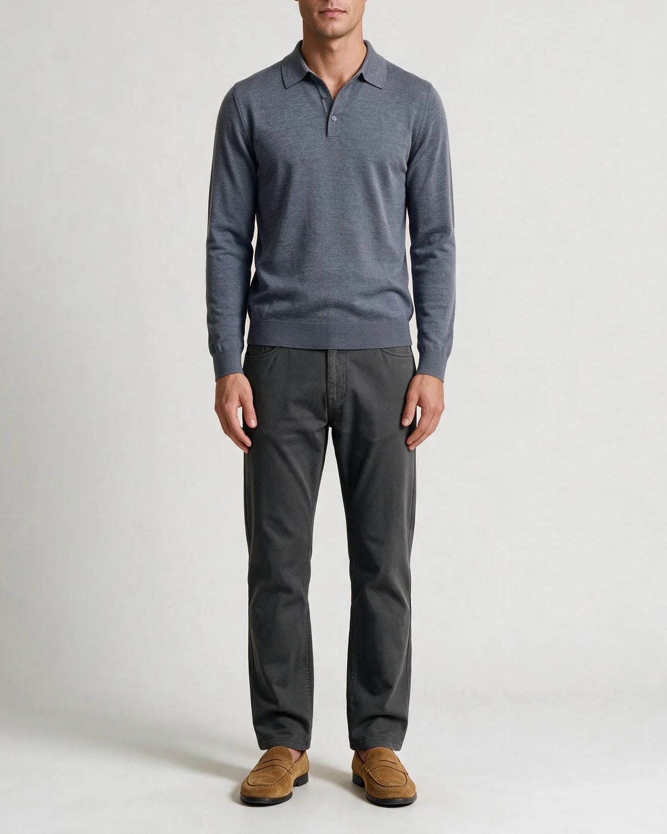 Grå Merino Uld Polo, på model
