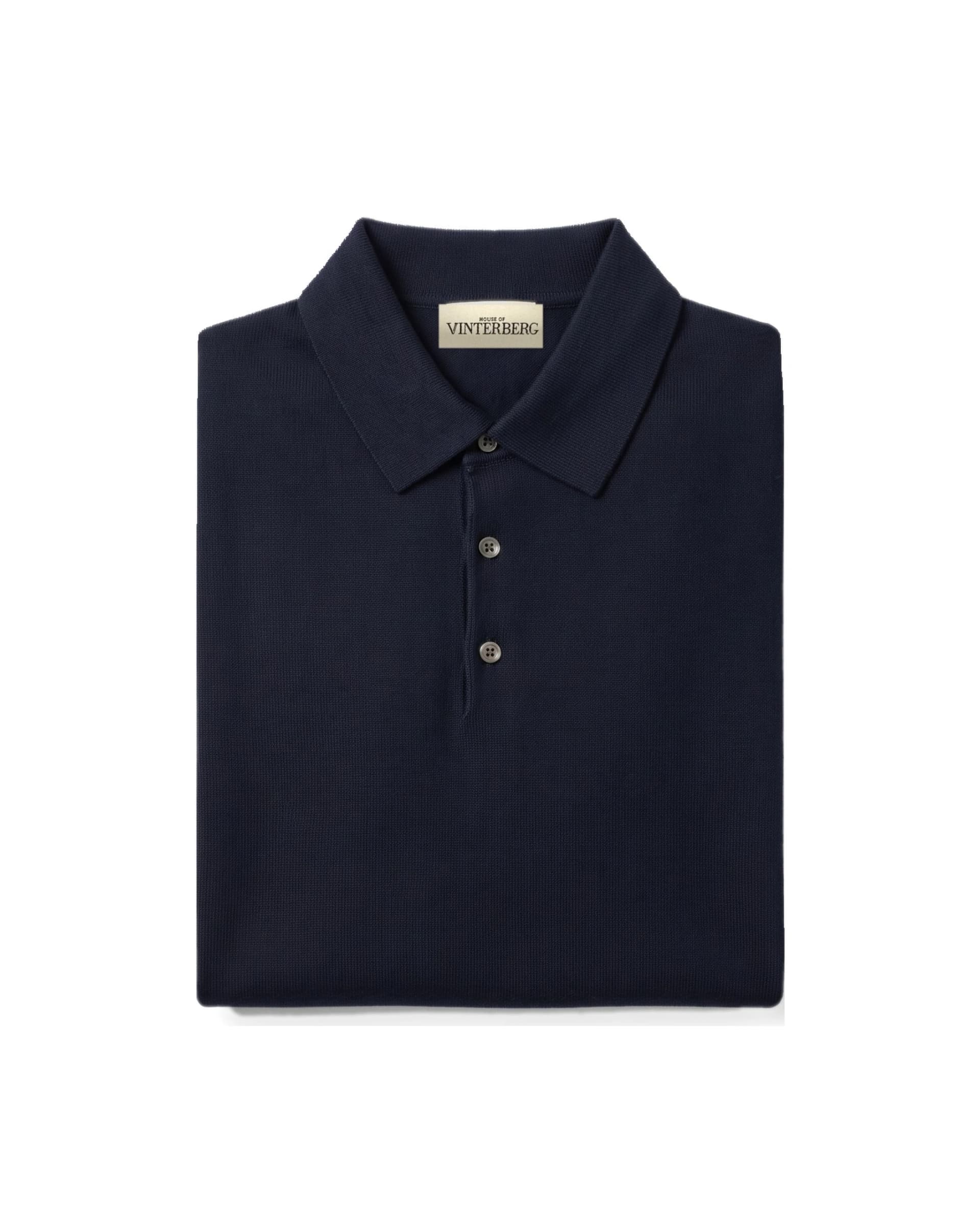 Navy langærmet polo i Merino Uld, foldet