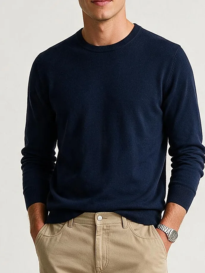 Navy Merino Wool Crew-Neck, neckline detail