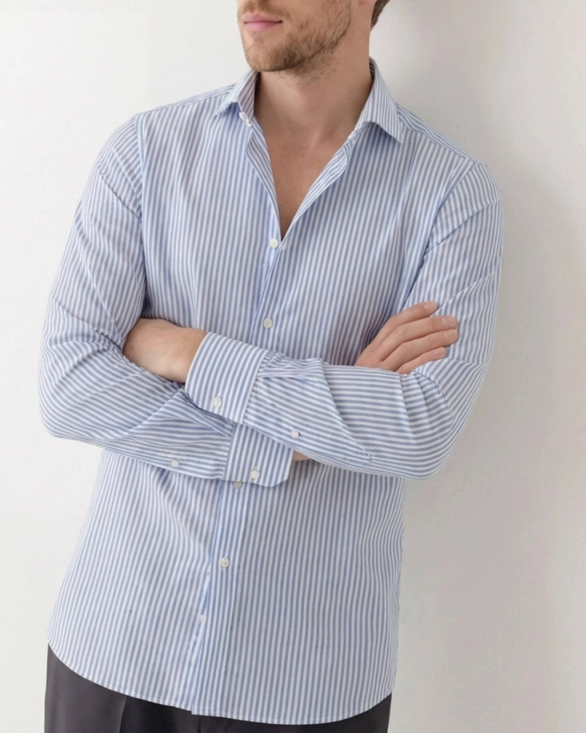 Premium Striped Blue Cotton Shirt, on model