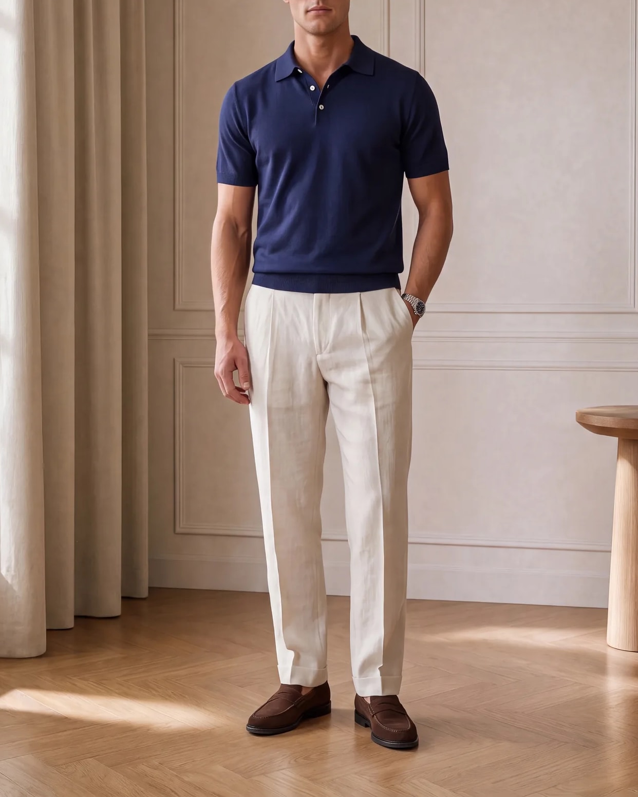 Navy Bomulds Polo, på model