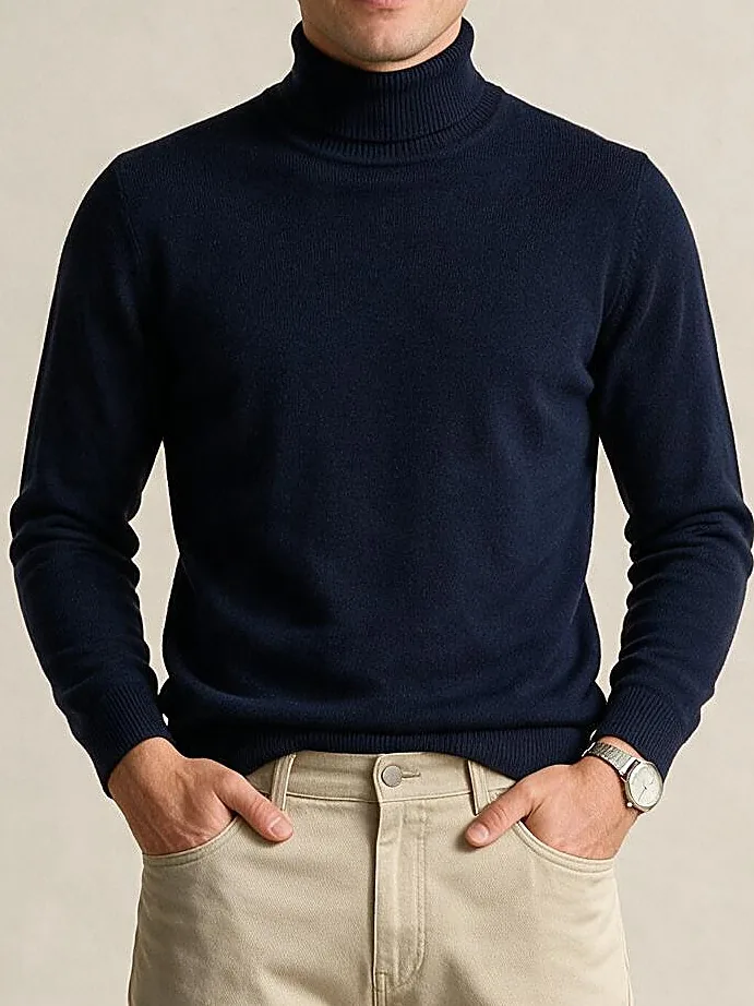 Navy Merino Wool Turtle-Neck, neckline detail