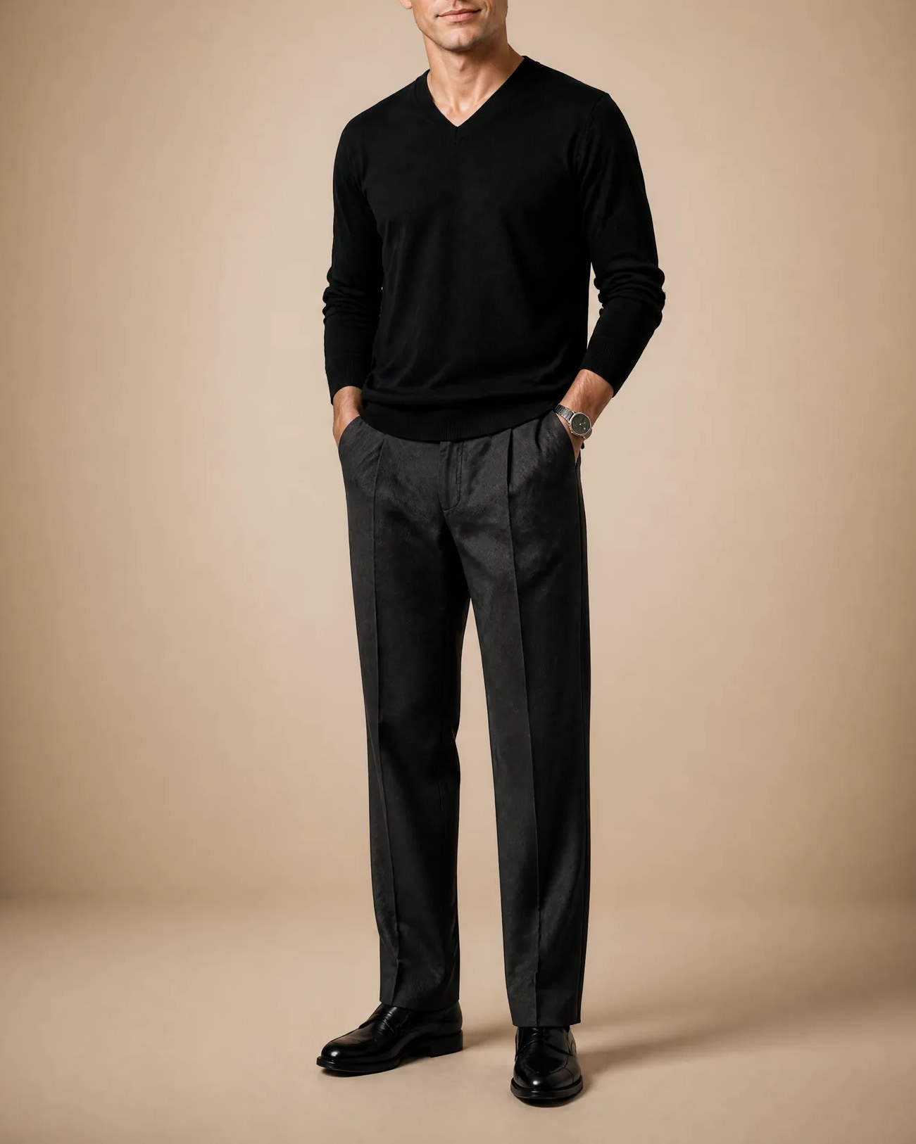 Sort Merino Uld V-Neck, på model