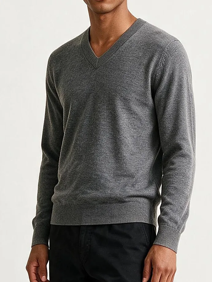 Grey Merino Wool V-Neck, neckline detail