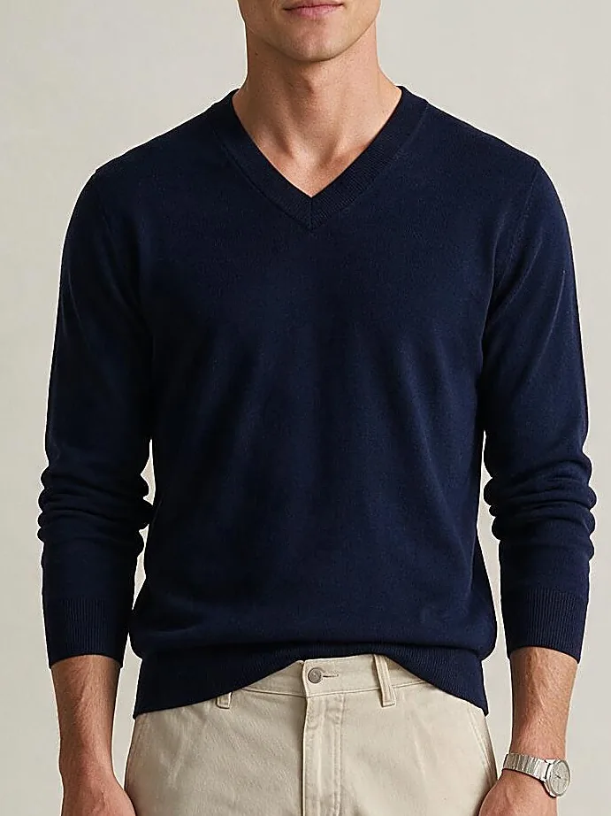 Navy Merino Wool V-Neck, neckline detail
