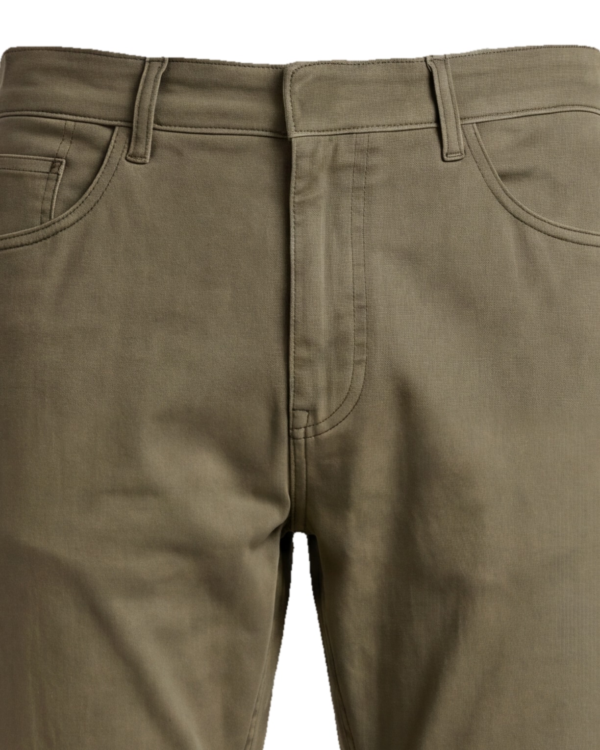 Olivengrøn bomulds-chinos, detalje af linningen