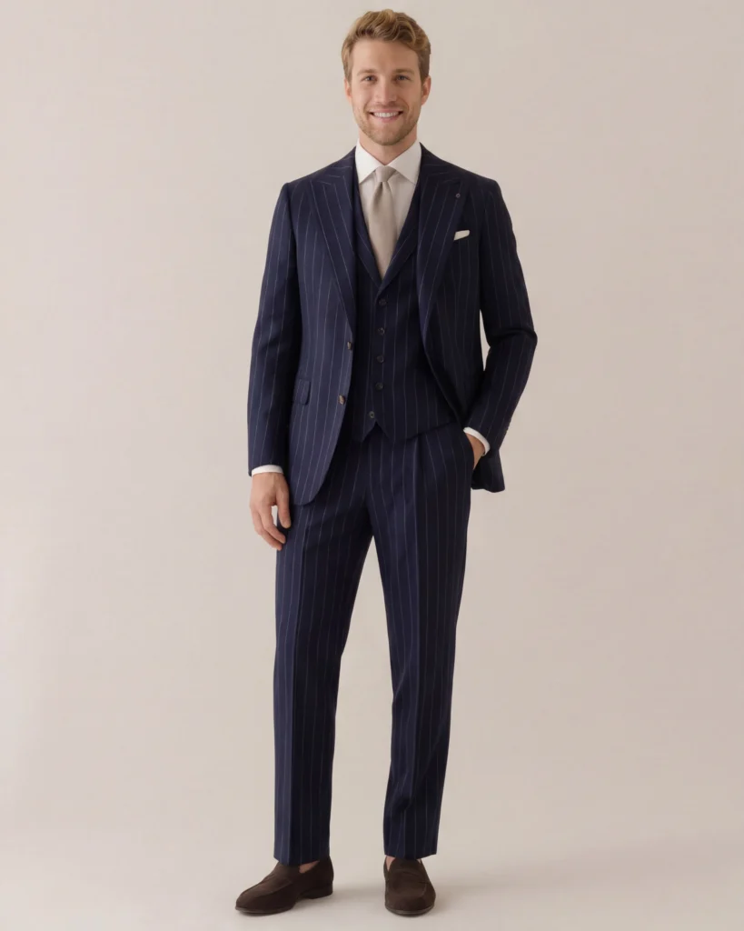 Navy nålestribet three-piece jakkesæt