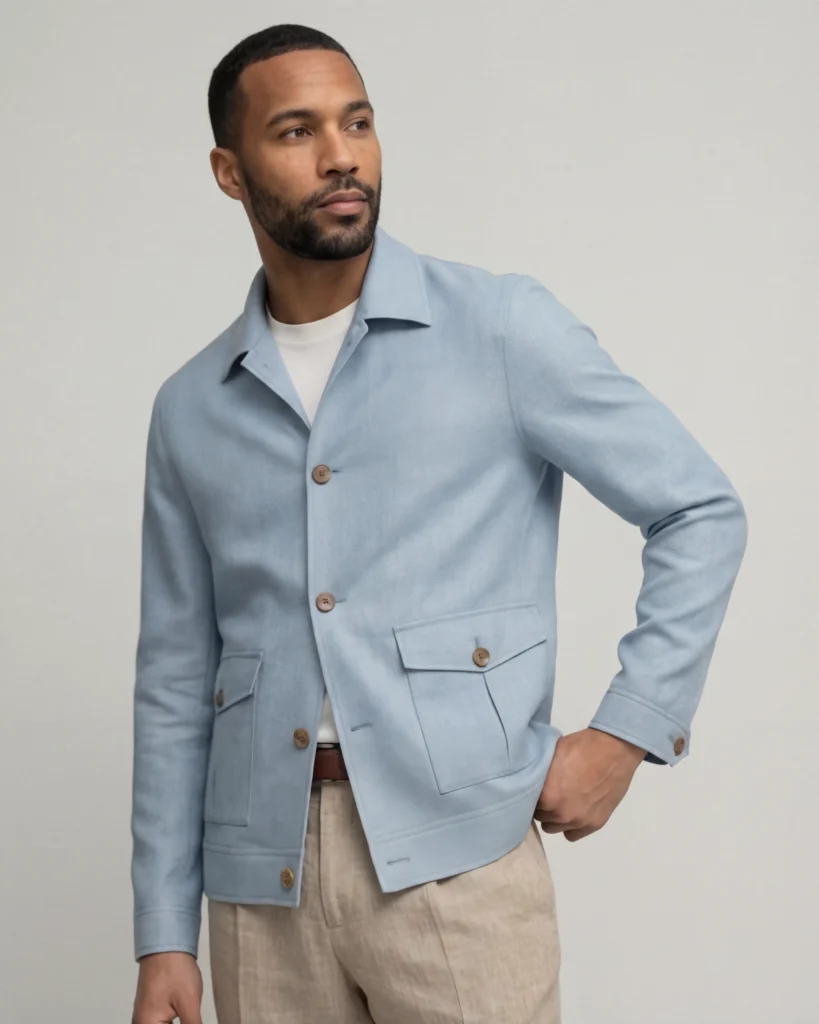 Blød himmelblå hørblouson