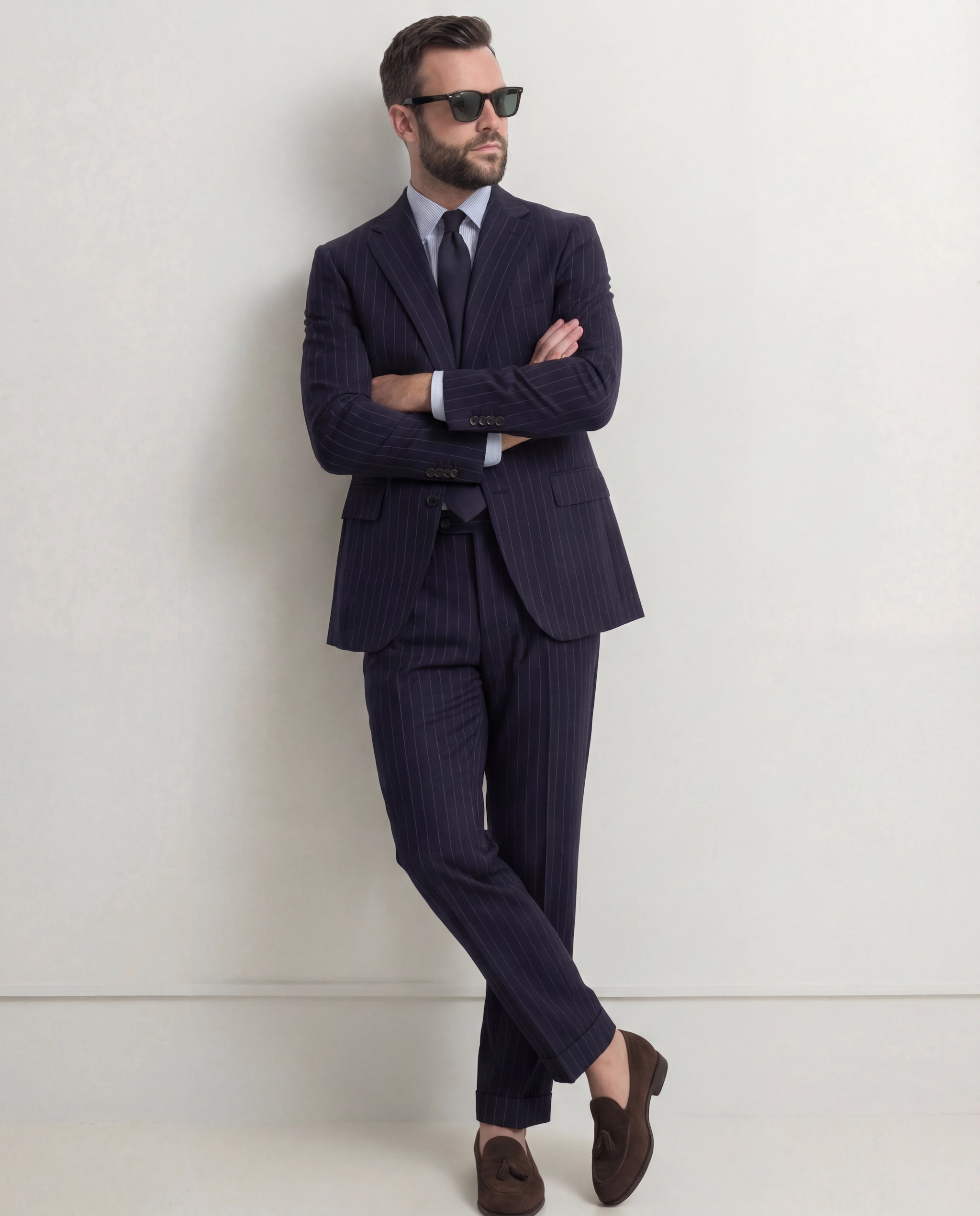 Navy Pinstripe Trousers