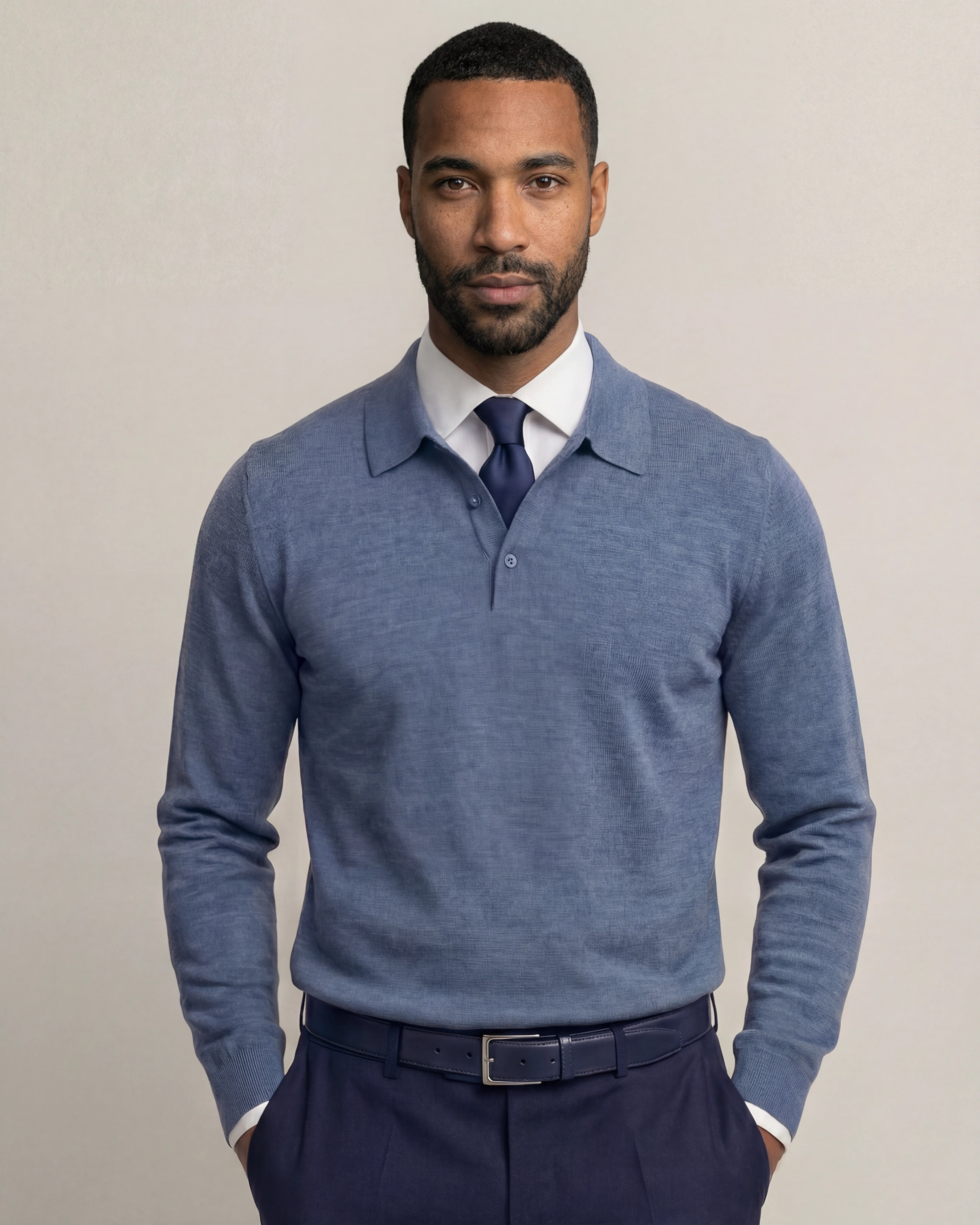 Grey Long Sleeve Merino Polo