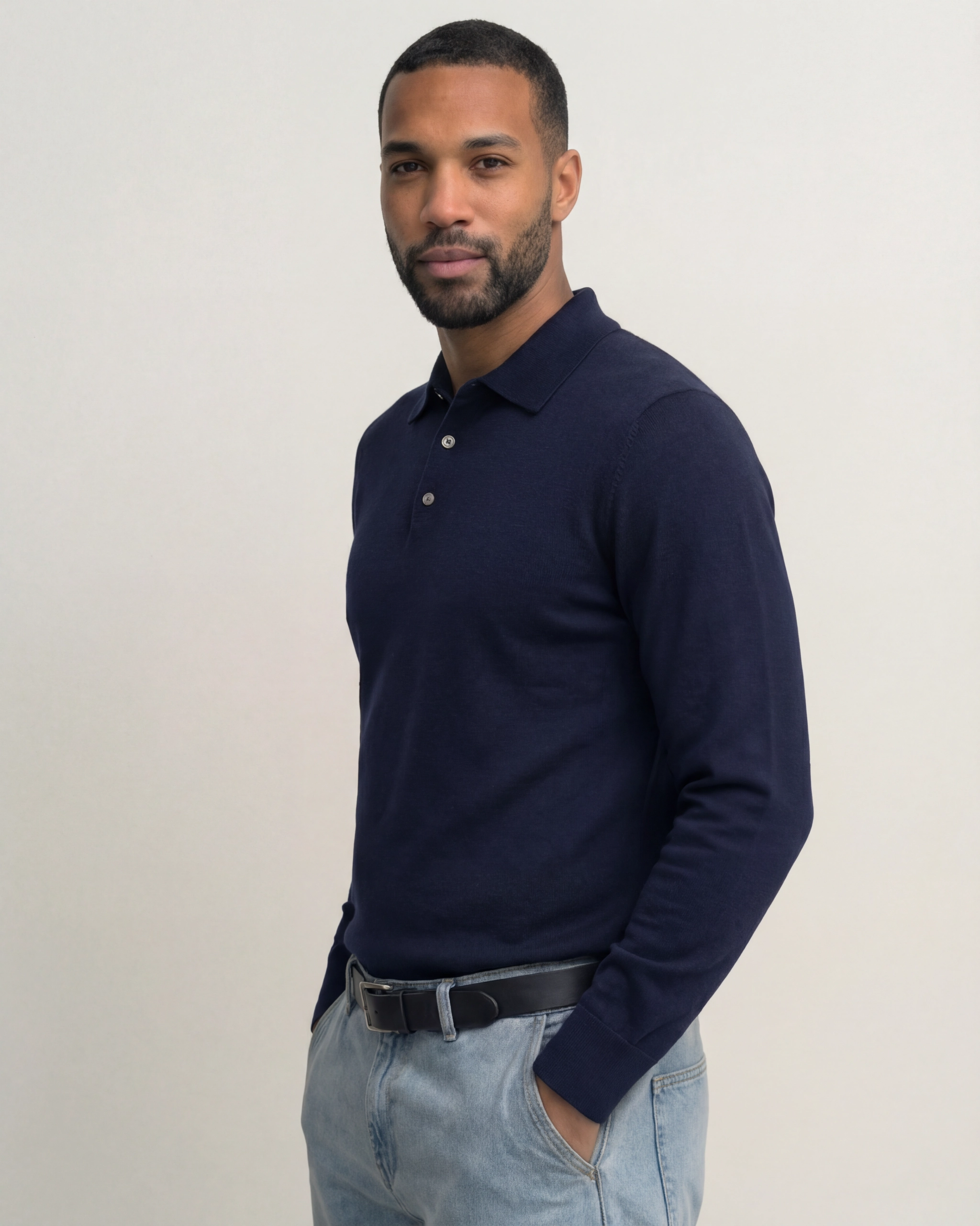 Navy Long Sleeve Merino Polo