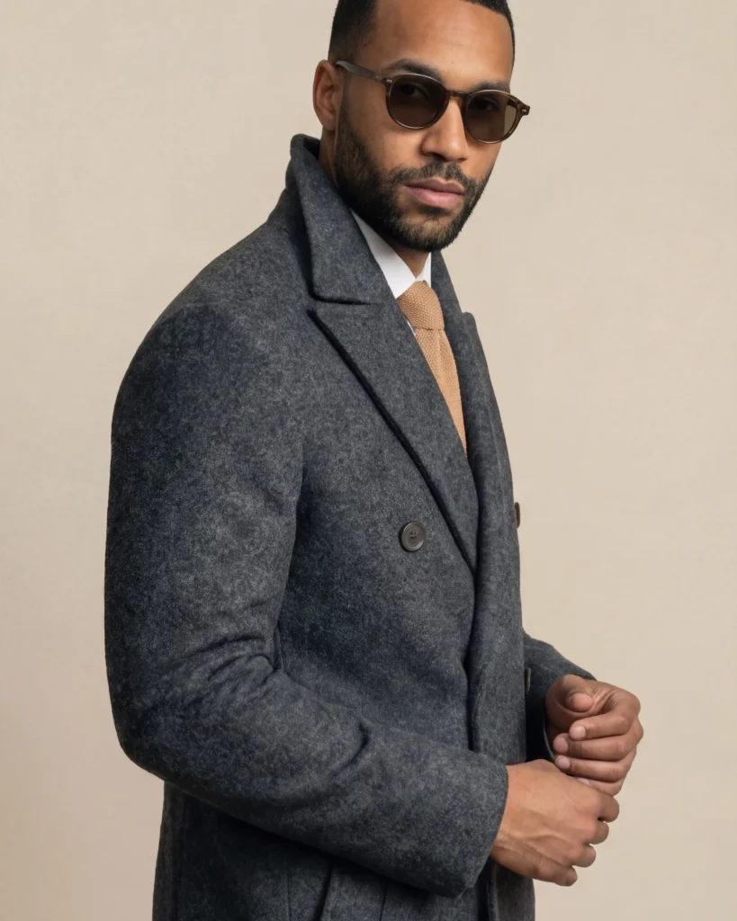 Dobbeltradet mørkegrå frakke1