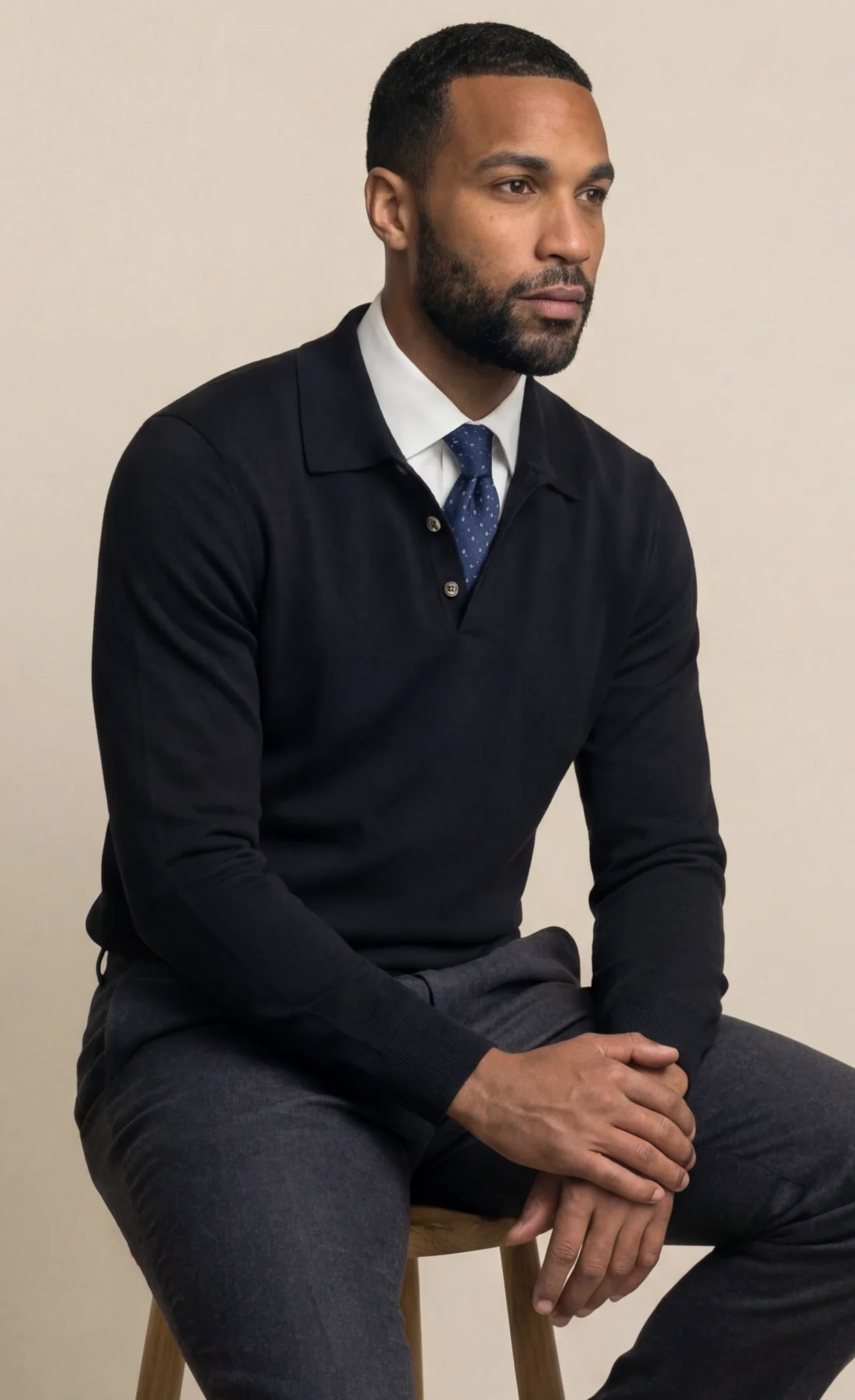 Black Long Sleeve Merino Polo